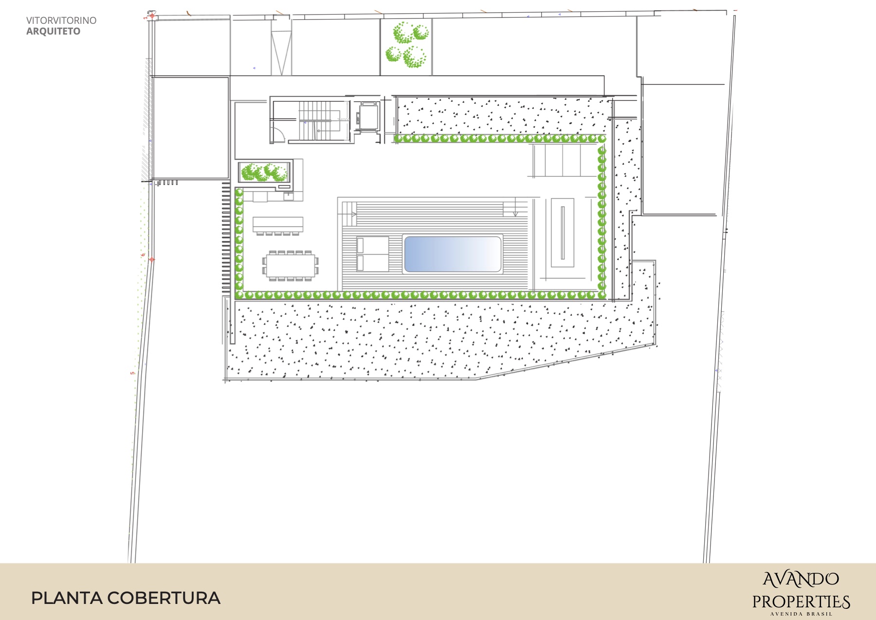 Planta da cobertura: piscina, solário e zona de refeições