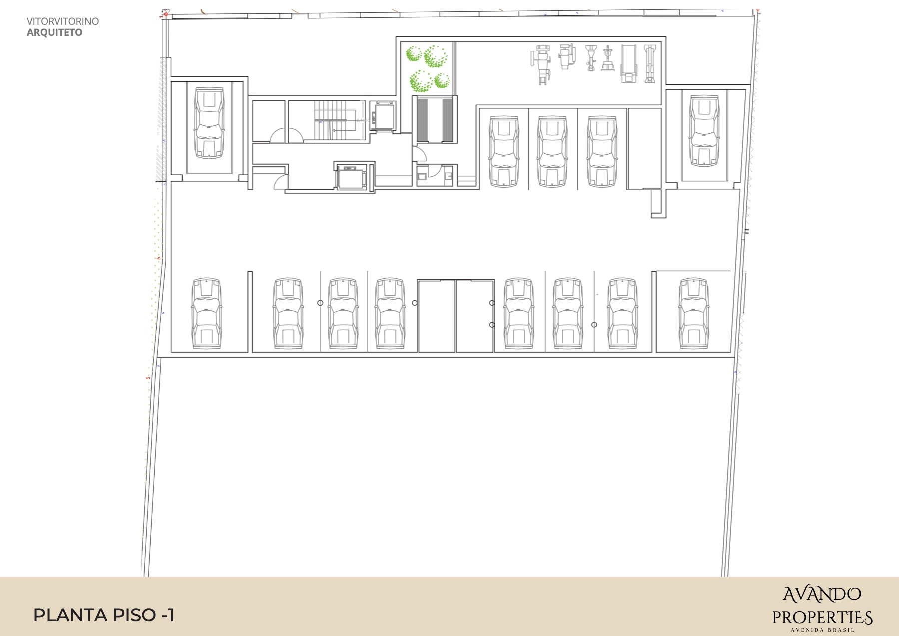 Planta do piso -1: garagem e ginásio