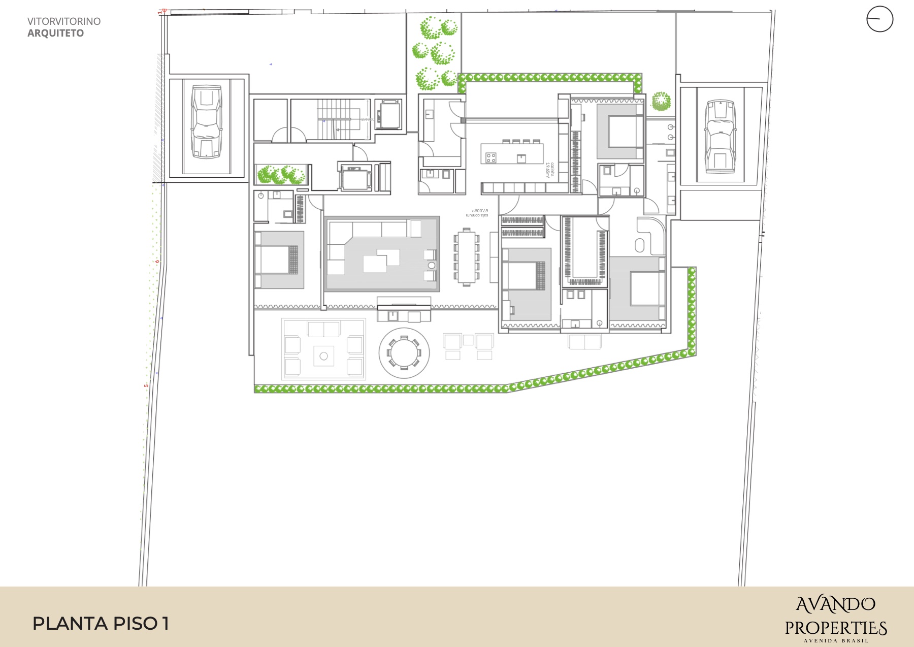Planta do piso 1: apartamento com varandas ajardinadas