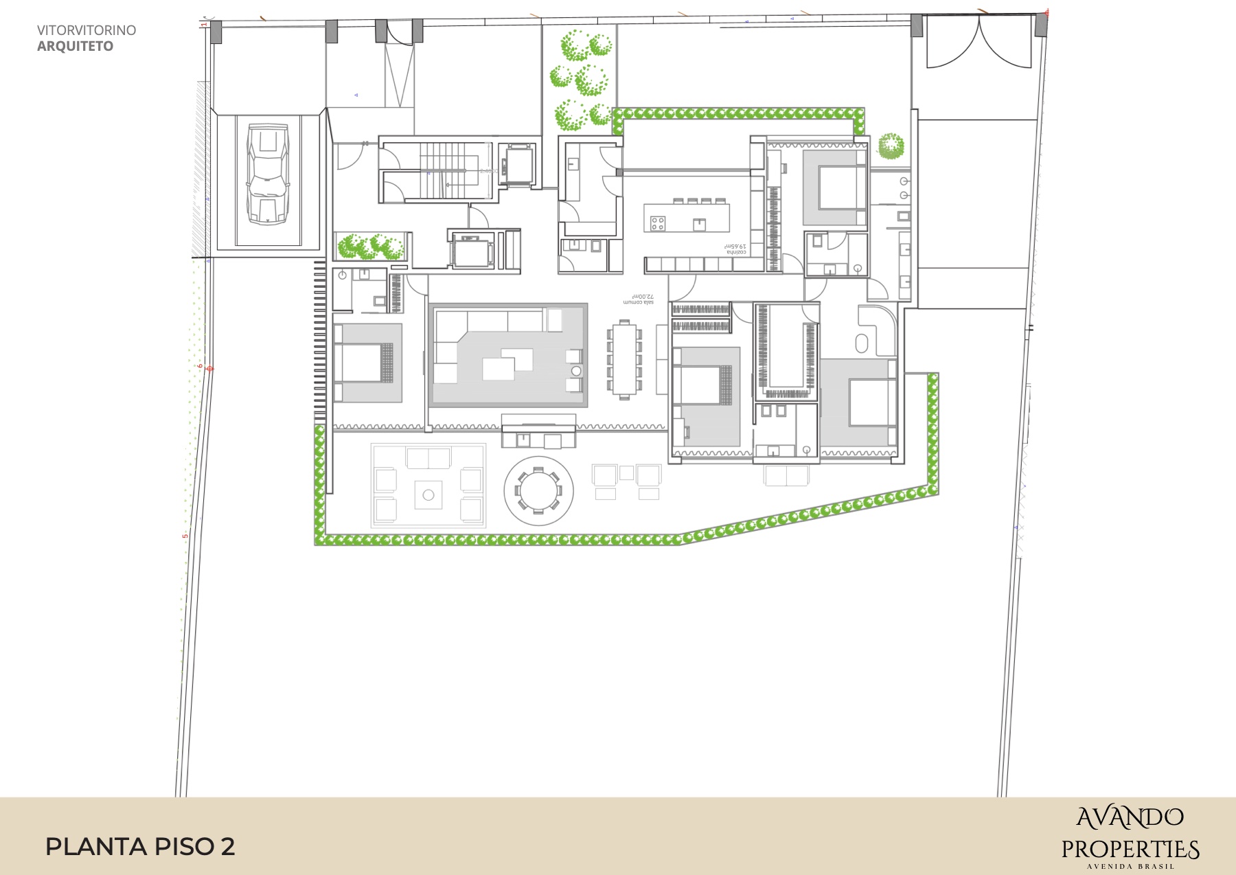 Planta do piso 2: apartamento com varandas ajardinadas